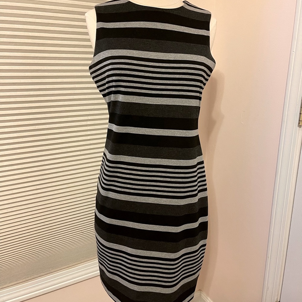Calvin Klein black gray shift dress striped 4